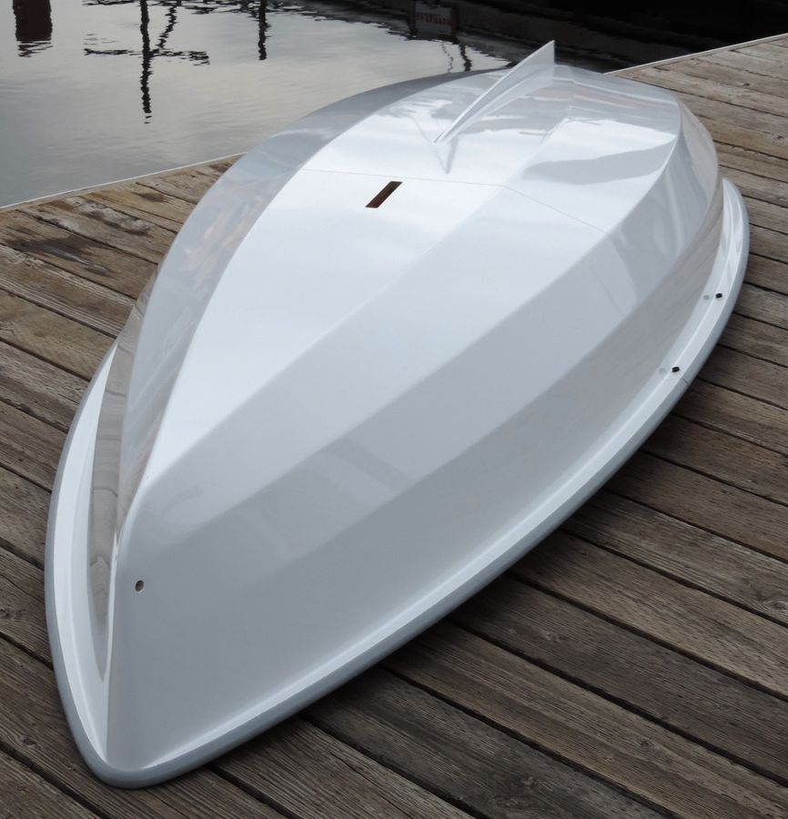 Underside of the PT 11 nesting dinghy, showing the hull shape